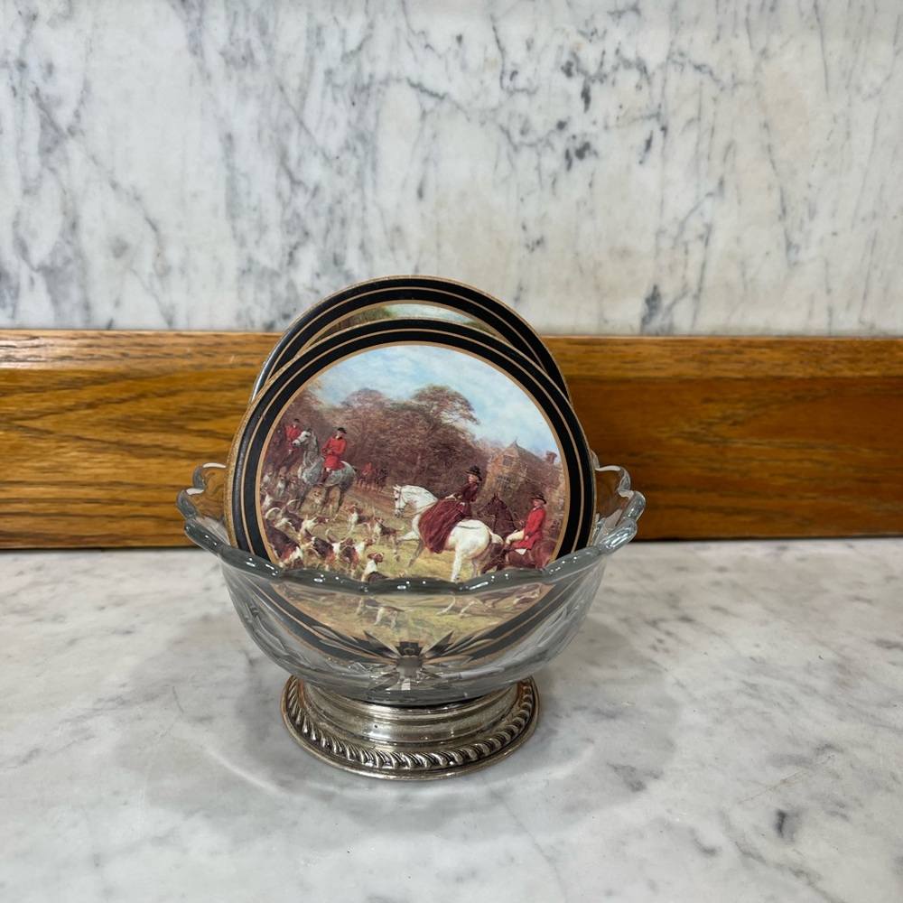 6 vintage Pimpernel coasters featuring traditional English fox hunting scenes
